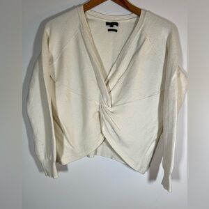 Massimo Dutti cream v-neck ribbed knot wool cashmere blend sweater sz S coquette